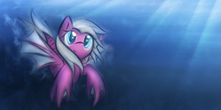 Size: 1000x500 | Tagged: safe, artist:dshou, derpibooru import, oc, oc only, merpony, seapony (g4), blue eyes, crepuscular rays, digital art, female, fin wings, fins, flowing mane, looking at you, mare, ocean, solo, sunlight, swimming, underwater, water, wings
