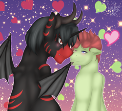 Size: 1650x1500 | Tagged: safe, artist:icy_passio, derpibooru import, oc, oc only, bat pony, pegasus, bat wings, blue eyes, blushing, gay, heart, love, male, red eyes, stripes, wings