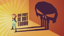 Size: 1024x576 | Tagged: safe, derpibooru import, edit, edited screencap, screencap, sunset shimmer, human, equestria girls, my past is not today, female, marvel, punisher, shadow, solo, title card