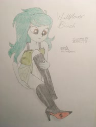 Size: 3024x4032 | Tagged: safe, artist:gibsterboy5, derpibooru import, wallflower blush, human, equestria girls, bare shoulders, boots, clothes, female, hand on hip, high heel boots, high heels, high res, leather, leather boots, looking down, raised leg, shoes, signature, simple background, sitting, skirt, sleeveless, solo, traditional art, white background