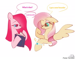 Size: 2048x1620 | Tagged: safe, artist:petaltwinkle, derpibooru import, fluttershy, pinkie pie, earth pony, pegasus, pony, alternate hairstyle, book, bracelet, dialogue, duo, ears, eyeshadow, female, floppy ears, jewelry, makeup, mane swap, mare, one eye closed, personality swap, simple background, smiling, speech bubble, white background