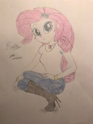 Size: 1536x2048 | Tagged: safe, artist:gibsterboy5, derpibooru import, rarity, human, equestria girls, alternate hair color, blue eyes, boots, bracelet, clothes, denim, eyeshadow, female, geode of shielding, hairpin, hand on leg, hand on thigh, high heel boots, high heels, jeans, jewelry, looking at you, magical geodes, makeup, necklace, pants, shirt, shoes, signature, simple background, sitting, solo, traditional art, white background, white shirt, wristband, wrong hair color