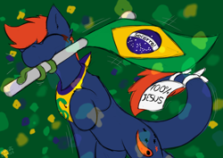 Size: 2893x2049 | Tagged: safe, artist:monycaalot, derpibooru import, oc, oc:fizark catto, monster pony, original species, pony, tatzlpony, 100% jesus, ^^, bandana, brazil, colored sketch, eyes closed, flag, happy, independence day, male, simple background, sketch, tentacle tongue, tentacles