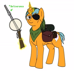 Size: 2040x1974 | Tagged: safe, derpibooru import, oc, oc only, oc:penny, unicorn, fallout equestria, backpack, bandana, banjo, deformed, deformed horn, eyepatch, fallout, gun, horn, musical instrument, simple background, solo, special weapon, text, travelling, weapon, white background