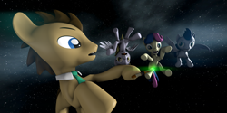 Size: 3840x1920 | Tagged: safe, artist:darkad8000, derpibooru import, bon bon, derpy hooves, doctor whooves, soarin', sweetie drops, earth pony, pegasus, pony, 3d, 4k, absurd resolution, doctor who, high res, lens flare, reference, reference to another series, scared, screaming, screwdriver, sonic screwdriver, source filmmaker, space, spread legs, spread wings, spreading, wings, zero gravity