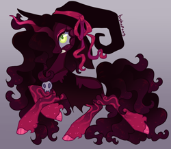 Size: 2340x2029 | Tagged: safe, artist:bishopony, derpibooru import, oc, oc only, pony, unicorn, cape, clothes, female, gradient background, grin, hat, high res, mare, signature, smiling, solo, twisted horn, witch hat