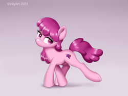 Size: 2808x2109 | Tagged: safe, artist:vinilyart, artist:vinilyart_d, derpibooru import, berry punch, berryshine, earth pony, pony, berrybetes, cute, eyebrows, female, gradient background, high res, looking at you, looking sideways, mare, raised leg, smiling, smiling at you, solo