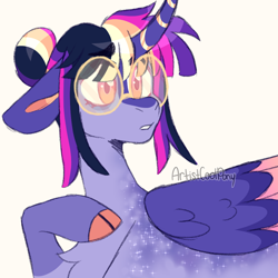 Size: 1000x1000 | Tagged: safe, artist:artistcoolpony, derpibooru import, twilight sparkle, twilight sparkle (alicorn), alicorn, pony, alternate design, alternate hairstyle, cloven hooves, curved horn, ears, female, floppy ears, glasses, horn, mare, round glasses, signature, simple background, solo, white background