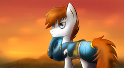 Size: 1960x1080 | Tagged: safe, artist:dshou, derpibooru import, oc, oc only, oc:fleur, earth pony, pony, armor, frown, helmet, holding, male, solo, stallion, sunset