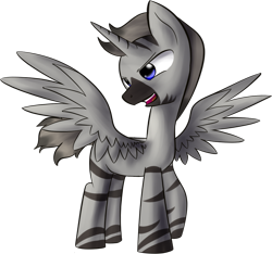 Size: 1076x1007 | Tagged: safe, artist:dshou, derpibooru import, oc, oc only, oc:thundercloud, alicorn, pony, zebra, alicorn oc, horn, open mouth, simple background, solo, spread wings, transparent background, wings, zebra alicorn