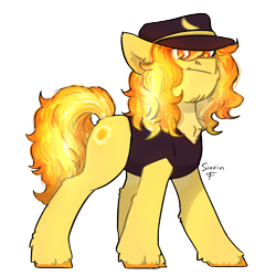 Size: 2480x2480 | Tagged: safe, artist:sinrinf, derpibooru import, oc, oc only, oc:banani, earth pony, pony, banana, clothes, facial hair, food, glowing, hat, simple background, solo, transparent background