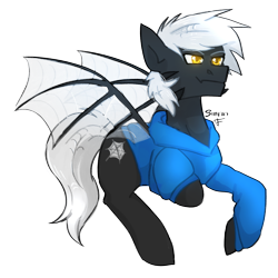 Size: 2480x2480 | Tagged: safe, artist:sinrinf, derpibooru import, oc, oc only, oc:pavuken, hybrid, pony, clothes, glowing, glowing eyes, hoodie, simple background, solo, spider web, transparent background