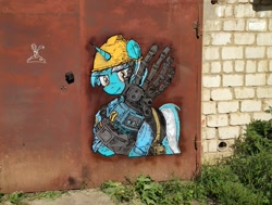 Size: 2643x2000 | Tagged: safe, artist:merik1337, artist:uteuk, derpibooru import, derpy hooves, lyra heartstrings, pony, amputee, engineer, graffiti, gunslinger (tf2), hat, irl, photo, prosthetic limb, prosthetics, sentry, team fortress 2