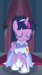 Size: 340x608 | Tagged: safe, derpibooru import, screencap, twilight sparkle, twilight sparkle (alicorn), alicorn, pony, the last problem, alternate hairstyle, banner, beautiful, canterlot, canterlot castle, carpet, clothes, curtains, dress, eyes closed, flower, gown, red carpet, regal, sash, second coronation dress, solo, walking