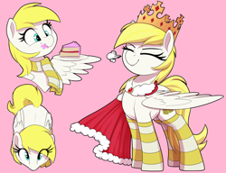 Size: 2600x2000 | Tagged: safe, artist:thebatfang, derpibooru import, oc, oc only, oc:sweet cream, pegasus, pony, cake, cape, clothes, compilation, crown, eating, eyes closed, female, food, food on face, jewelry, looking at you, looking up, looking up at you, mare, overhead view, regalia, scarf, simple background, smug, snorting, socks, solo, striped scarf, striped socks, wing hold, wings
