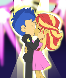 Size: 1950x2289 | Tagged: safe, artist:lirudraw, derpibooru import, flash sentry, sunset shimmer, human, equestria girls, clothes, duo, embrace, eyes closed, female, flashimmer, hand on cheek, kiss on the lips, kissing, male, pink dress, shipping, spotlight, straight