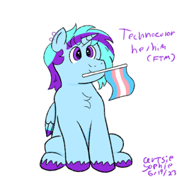 Size: 700x700 | Tagged: safe, artist:ideletedsystem64, derpibooru import, oc, oc only, oc:technocolor, alicorn, pony, blue coat, blue mane, colored wings, ear piercing, male, multicolored mane, multicolored wings, piercing, pride, pride flag, pride month, purple eyes, purple mane, signature, simple background, solo, stallion, text, transgender, transgender oc, transgender pride flag, unshorn fetlocks, white background, wings