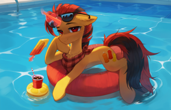 Size: 1280x826 | Tagged: safe, artist:astralblues, derpibooru import, oc, pony, unicorn, inner tube, male, pool toy, solo, stallion, sunglasses, swimming pool, water