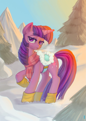 Size: 1500x2122 | Tagged: safe, artist:mrs1989, derpibooru import, twilight sparkle, pony, unicorn, winter wrap up, boots, clothes, female, lidded eyes, looking at you, mare, raised hoof, raised leg, saddle, scarf, shoes, snow, solo, striped scarf, tack