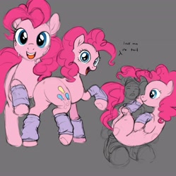 Size: 4075x4096 | Tagged: safe, artist:misstwipietwins, derpibooru import, pinkie pie, earth pony, human, pony, balloonbutt, butt, clothes, dialogue, exercise, female, gray background, holding a pony, leg warmers, looking at you, mare, no tail, open mouth, open smile, plot, simple background, smiling, sweat, tail
