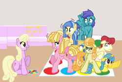 Size: 1093x741 | Tagged: safe, artist:starryc94, derpibooru import, cool star, junebug, lemon hearts, luckette, meadow flower, open skies, starburst (character), sunshower, base used, female, game, group, male, mare, sitting, stallion, twister