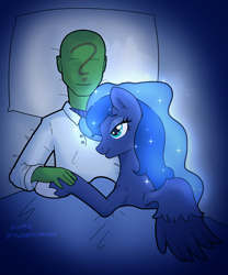 Size: 1080x1297 | Tagged: safe, artist:kumakum, derpibooru import, princess luna, oc, oc:anon, alicorn, human, pony, bed, cuddling, female, holding hands, holding hooves, human male, in bed, lying down, lying on bed, male, mare, on bed, pillow, relaxed, simple background, smiling, under blanket, wholesome