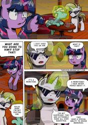 Size: 1204x1700 | Tagged: safe, artist:tarkron, derpibooru import, twilight sparkle, twilight sparkle (alicorn), zephyr breeze, oc, oc:cosmo cool, alicorn, pegasus, pony, unicorn, comic:the royal sandal, gem, open mouth, speech bubble, sunglasses