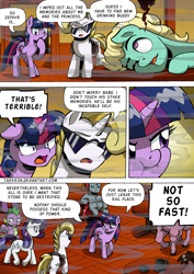 Size: 1204x1700 | Tagged: safe, artist:tarkron, derpibooru import, rarity, spike, twilight sparkle, twilight sparkle (alicorn), zephyr breeze, oc, oc:cosmo cool, alicorn, dragon, pegasus, pony, unicorn, comic:the royal sandal, butt, female, gem, male, mare, open mouth, plot, speech bubble, sunglasses