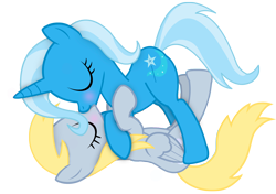 Size: 3076x2160 | Tagged: safe, derpibooru import, derpy hooves, trixie, pegasus, unicorn, g4, derpixie, duo, female, kissing, lesbian, mare, shipping, simple background, transparent background, tripy