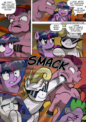 Size: 1204x1700 | Tagged: safe, artist:tarkron, derpibooru import, rarity, spike, twilight sparkle, twilight sparkle (alicorn), oc, oc:cosmo cool, alicorn, dragon, pony, unicorn, comic:the royal sandal, comic, female, male, mare, punch, stallion, sunglasses