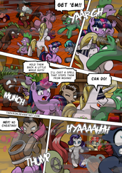 Size: 1204x1700 | Tagged: safe, artist:tarkron, derpibooru import, rarity, spike, twilight sparkle, twilight sparkle (alicorn), oc, oc:cosmo cool, alicorn, dragon, pony, unicorn, comic:the royal sandal, butt, comic, female, fight, male, mare, plot, punch, stallion, sunglasses