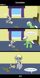 Size: 1920x3688 | Tagged: safe, artist:platinumdrop, derpibooru import, derpy hooves, oc, oc:anon, oc:anon stallion, pegasus, pony, comic:caretaker, 3 panel comic, abuse, angry, avoiding eye contact, bedroom, bound wings, bruised, caretaker, chair, comic, commission, crying, derpybuse, dialogue, disciplinary action, discipline, domestic abuse, ears, fear, female, floppy ears, giggling, happy, implied abuse, implied spanking, looking at you, male, mare, offscreen character, open mouth, playing, plushie, punishment, raised hoof, raised leg, rope, sad, scared, sitting, speech, speech bubble, stallion, stern, talking, tears of sadness, this will end in pain, toy, walking, window, wings