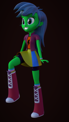 Size: 1080x1920 | Tagged: safe, artist:palmman529, derpibooru import, oc, oc:minty storm, equestria girls, blue hair, boots, clothes, green skin, jacket, kicking, palette swap, rainbow dash's boots, rainbow dash's socks, recolor, shoes, smiling, socks