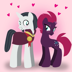 Size: 1400x1400 | Tagged: safe, artist:mlplary6, derpibooru import, chancellor neighsay, tempest shadow, pony, unicorn, blushing, boyfriend and girlfriend, clothes, female, heart, looking at each other, looking at someone, love, male, mare, shipping, smiling, smiling at each other, stallion, straight, tempest neighsay