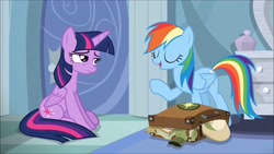 Size: 1280x720 | Tagged: safe, derpibooru import, screencap, rainbow dash, twilight sparkle, twilight sparkle (alicorn), alicorn, pony, stranger than fan fiction, duo, duo female, female, suitcase