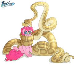 Size: 3451x2905 | Tagged: safe, alternate version, artist:fluffyxai, derpibooru import, pinkie pie, oc, oc:anika, earth pony, pony, snake, coiling, coils, eyes closed, hypno eyes, hypno pie, hypnosis, imminent vore, kaa eyes, open mouth, serpent, simple background, smiling, white background, wrapped up