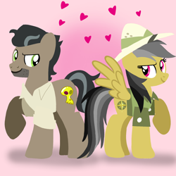 Size: 1400x1400 | Tagged: safe, artist:mlplary6, derpibooru import, daring do, doctor caballeron, earth pony, pegasus, pony, boyfriend and girlfriend, clothes, daballeron, female, hat, heart, looking at each other, looking at someone, love, male, mare, shipping, smiling, smiling at each other, stallion, straight