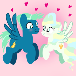 Size: 1400x1400 | Tagged: safe, artist:mlplary6, derpibooru import, sky stinger, vapor trail, pegasus, pony, blushing, boyfriend and girlfriend, female, flying, heart, looking at each other, looking at someone, love, male, mare, shipping, smiling, smiling at each other, stallion, straight, vaporsky