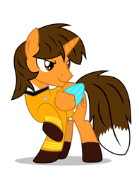 Size: 3600x4577 | Tagged: safe, artist:creedyboy124, derpibooru import, oc, oc only, oc:ej, alicorn, pony, clothes, colored wings, fox tail, james t kirk, male, multicolored wings, simple background, smiling, solo, stallion, star trek, tail, transparent background, uniform, vector, wings