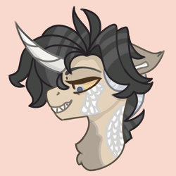 Size: 4000x4000 | Tagged: safe, derpibooru import, oc, hybrid, kirin, unicorn, curved horn, horn, lidded eyes, male, molten marrow, scales, sharp teeth, simple background, smiling, smirk, stallion, teeth