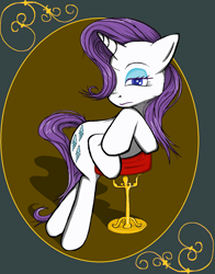 Size: 1222x1558 | Tagged: safe, artist:sallycars, derpibooru import, rarity, pony, unicorn, bipedal, bipedal leaning, bored, butt, female, flank, hair over one eye, leaning, looking at you, mare, plot, rarity day, solo, stool, unamused