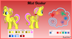 Size: 6000x3240 | Tagged: safe, artist:thunderdasher07, derpibooru import, oc, oc only, oc:mist dasher, pegasus, pony, butt freckles, cutie mark, female, freckles, gradient background, hairband, high res, mare, paint splatter, pegasus oc, reference sheet, signature, solo, tail, three quarter view, two toned mane, two toned tail