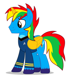 Size: 4000x4433 | Tagged: safe, artist:creedyboy124, derpibooru import, oc, oc only, oc:shield wing, alicorn, pony, clothes, male, simple background, smiling, solo, spock, stallion, star trek, transparent background, uniform, vector, vulcan