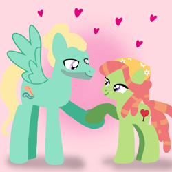 Size: 1400x1400 | Tagged: safe, artist:mlplary6, derpibooru import, tree hugger, zephyr breeze, earth pony, pegasus, pony, boyfriend and girlfriend, female, heart, looking at each other, looking at someone, love, male, mare, shipping, smiling, smiling at each other, stallion, straight, zephyrhugger