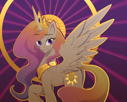 Size: 2000x1600 | Tagged: safe, artist:willoillo, derpibooru import, princess celestia, alicorn, pony, abstract background, backlighting, butt, colored, concave belly, crown, ethereal mane, ethereal tail, female, gold, gradient mane, gradient tail, head turn, horn, jewelry, long horn, long mane, looking at you, mare, outline, peytral, plot, quadrupedal, raised hoof, raised leg, regalia, side view, slim, solo, spread wings, standing, stylized, tail, tall, thin, wings