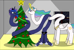 Size: 1024x696 | Tagged: safe, artist:rakesuk, derpibooru import, princess celestia, princess luna, alicorn, pony, christmas, christmas tree, duo, female, holiday, levitation, long neck, magic, mare, telekinesis, tree