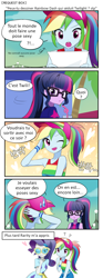 Size: 900x2430 | Tagged: safe, artist:ryuu, derpibooru import, edit, rainbow dash, rarity, sci-twi, twilight sparkle, better together, equestria girls, spring breakdown, anime, clothes, comic, female, french, glasses, misspelling, one eye closed, ponytail, translation, wink