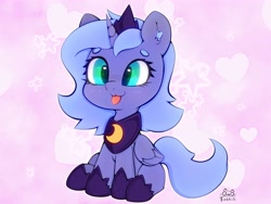 Size: 4000x3000 | Tagged: safe, artist:zokkili, derpibooru import, princess luna, alicorn, pony, :p, beanbrows, cute, ear fluff, ears, eyebrows, female, filly, foal, folded wings, heart, high res, hoof shoes, horn, looking at you, lunabetes, peytral, princess shoes, signature, sitting, smiling, smiling at you, solo, sparkles, stars, tongue, tongue out, wings, woona, younger