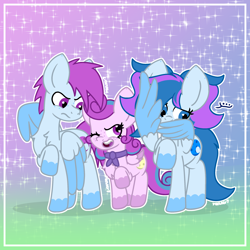 Size: 2740x2740 | Tagged: safe, artist:yoshter7, derpibooru import, oc, oc only, oc:callisto lightshine, oc:luna lightshine, oc:moon lightshine, pegasus, pony, abstract background, big ears, blue eyes, blue mane, circle eyes, clothes, colored, colored wings, ears, female, filly, foal, frame, gradient background, heart, heart eyes, love, lunar tails, male, mare, outline, pegasus oc, purple eyes, purple mane, purple pony, shy, shy mare, signature, sparkles, spread wings, stallion, two toned mane, two toned wings, white outline, wingding eyes, wings