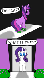 Size: 1080x1920 | Tagged: safe, artist:auro, derpibooru import, rarity, twilight sparkle, unicorn twilight, pony, unicorn, between legs, comic, crazy face, crocs, duo, faic, frazzled hair, from behind, messy mane, shadow, speech, speech bubble, talking, text, this will end in death, this will end in tears, this will end in tears and/or death, twilight crockle